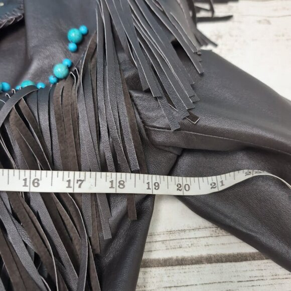 Vintage Red Clay People Black Leather Fringe and Bead Jacket Size Medium - Picture 7 of 9